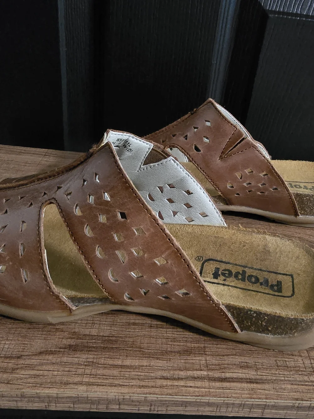 Propet Women's Brown Leather Perforated Slide Sandals